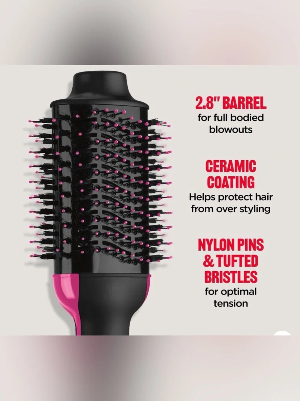 Revlon Hot Air Brush Styler 1100 watt, 3 Heat Settings - Pink and Black